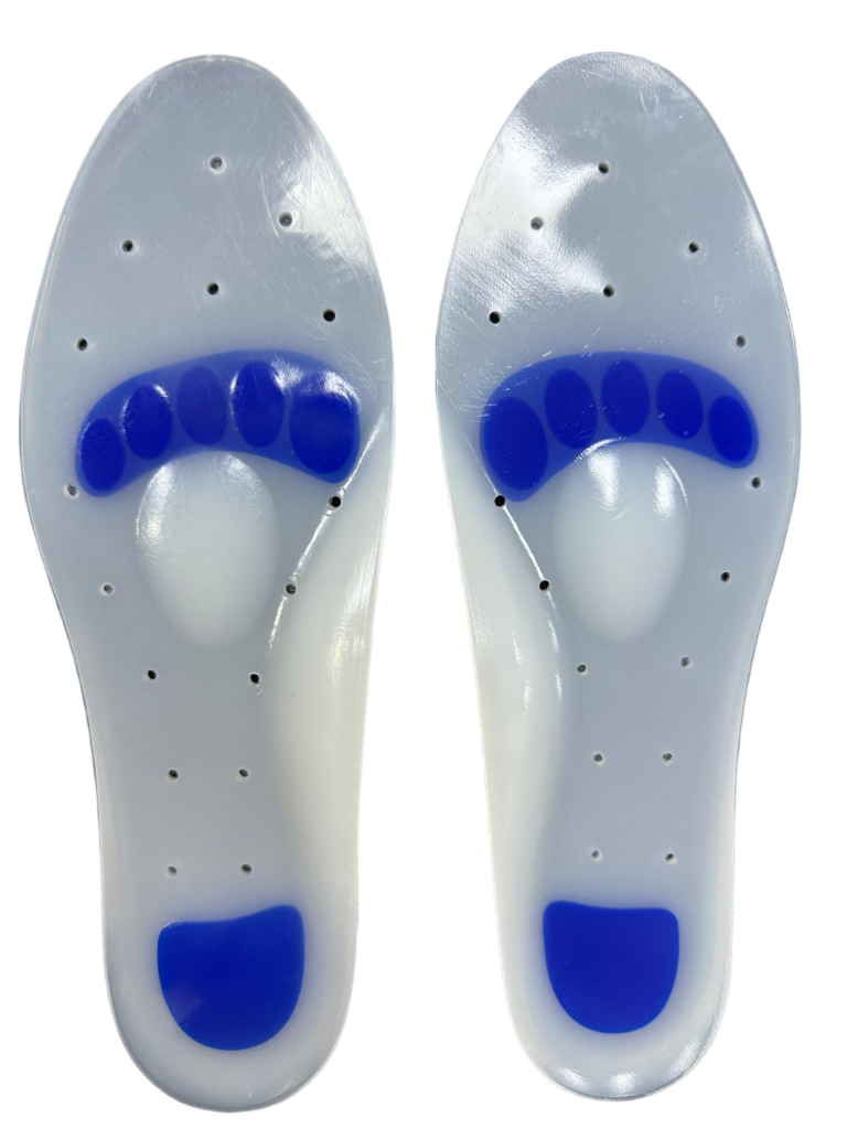 Two white athletic insoles with blue cushioning pads, shown from above side-by-side.