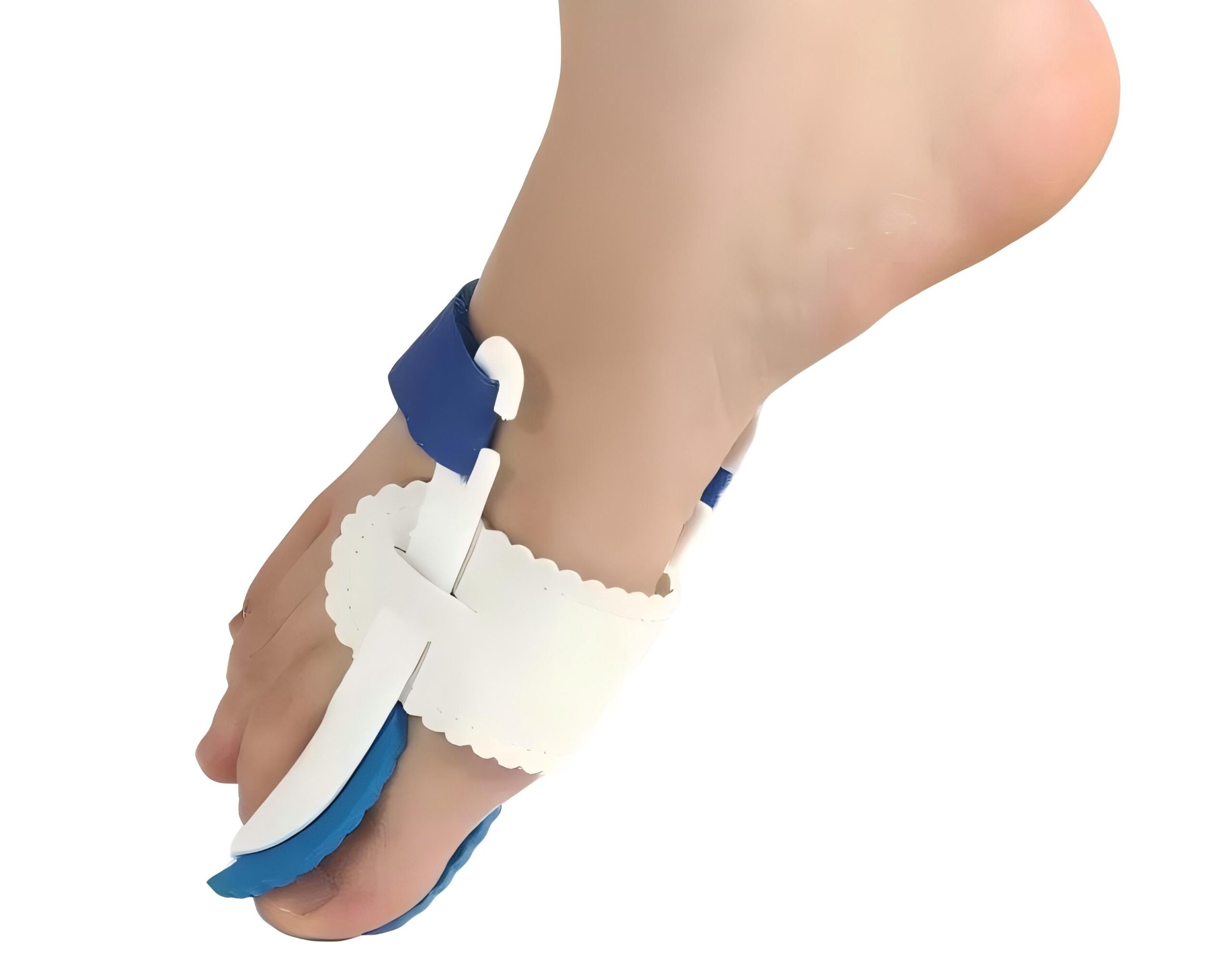Part of a prosthetic-looking leg with a blue strap and white padding around the ankle area, shown at an angled view.
