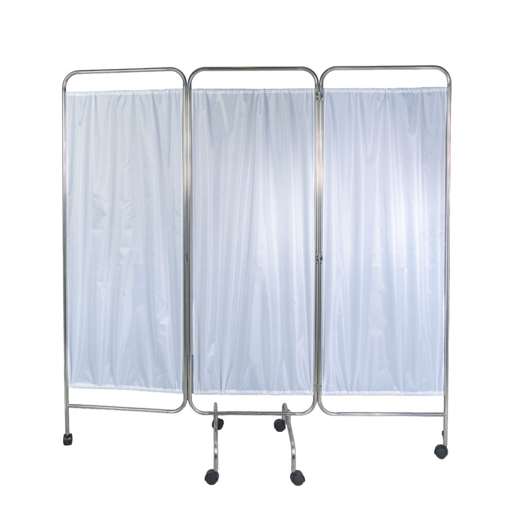 Three-panel portable privacy screen on wheels with light blue fabric panels. In a medical or spa setting for dividing space.