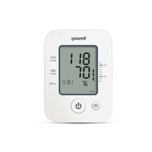 Yuwell digital blood pressure monitor with large LCD display showing 118 over 70 and pulse 76