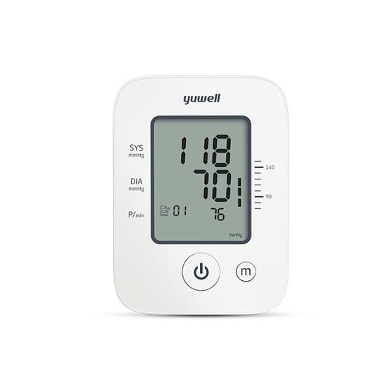 Yuwell digital blood pressure monitor with large LCD display showing 118 over 70 and pulse 76