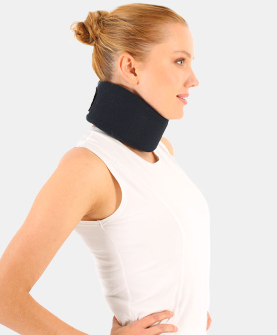 Side profile of a woman wearing a black cervical neck brace for support.