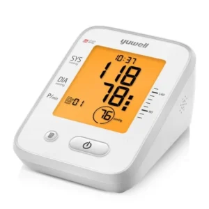 Digital blood pressure monitor with an orange display showing 118 over 78 and a pulse of 75 bpm (home use).
