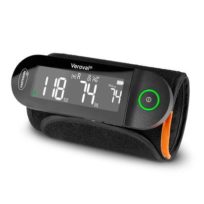 Veroval compact pulse oximeter with LCD display showing oxygen saturation and pulse rate, black body with green round power button, strapped with a Velcro band.