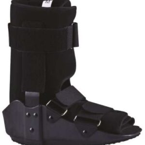 Black medical walking boot with adjustable straps and a rigid sole for ankle immobilization