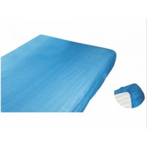 Blue inflatable air mattress laid flat on a white background, with a small circular inset showing the inner white chambers on the side.