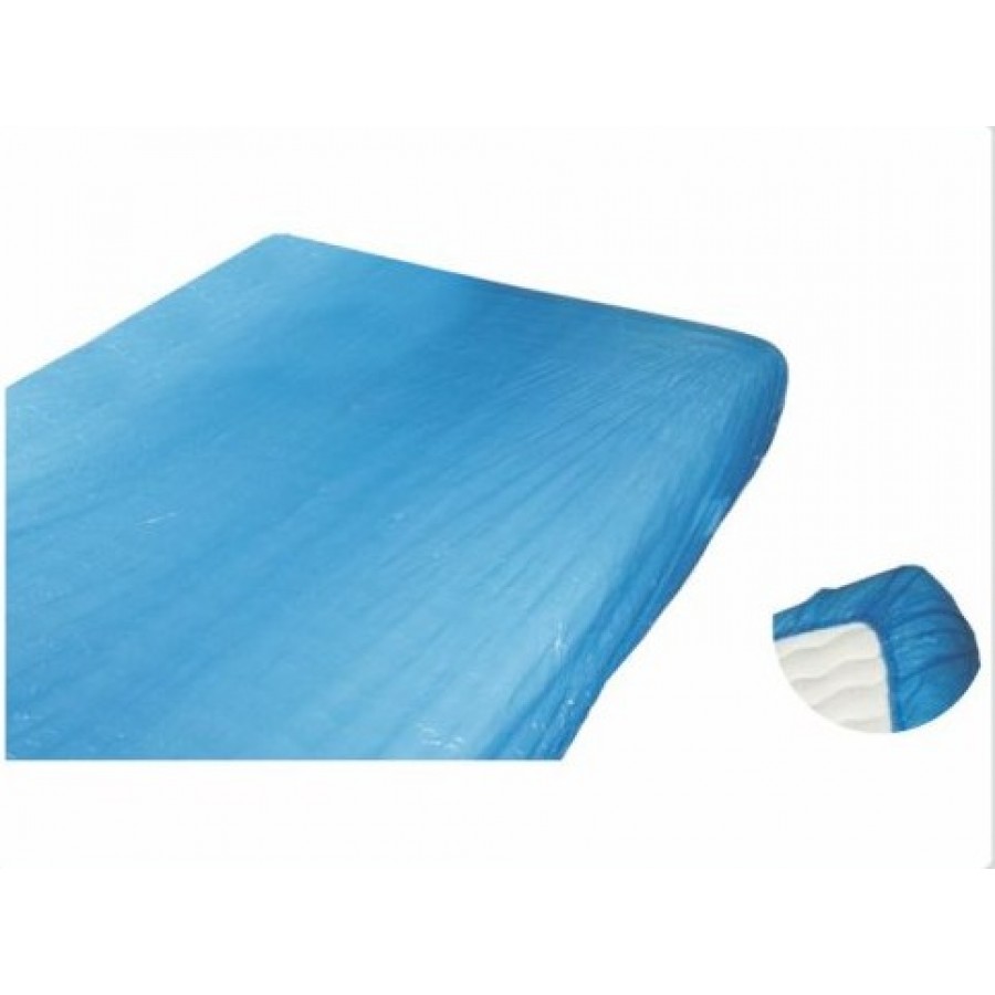 Blue inflatable air mattress laid flat on a white background, with a small circular inset showing the inner white chambers on the side.