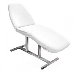 Medical examination chair with white padded upholstery and metal frame.