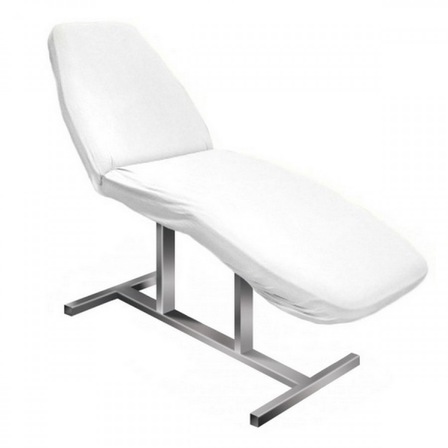 Medical examination chair with white padded upholstery and metal frame.