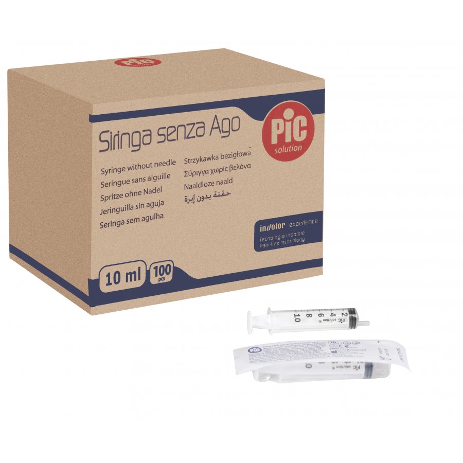 Box labeled PIC Solution: syringe without needle (10 ml, 100 pcs) with two needleless syringes in front,”