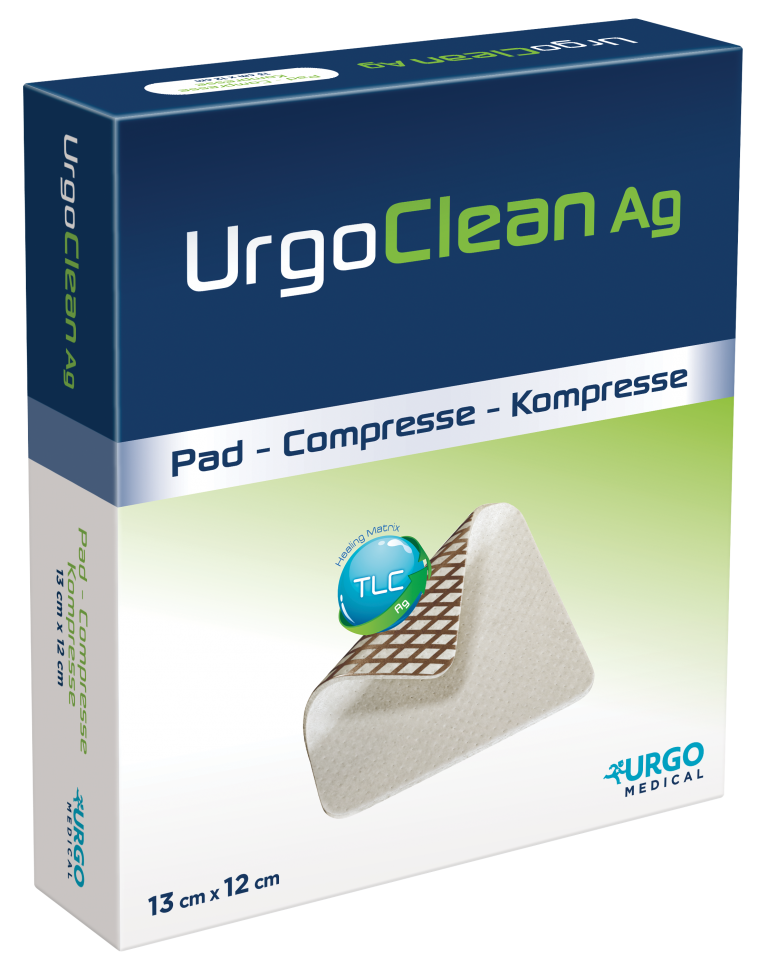 UrgoClean Ag Pad – Kompresse medical box with blue gradient, white band and image of a reusable pad (13 cm x 12 cm) on the front.