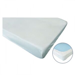 Disposable white bed sheet/cover with a blue waterproof layer, draped over a mattress corner (hospital style)
