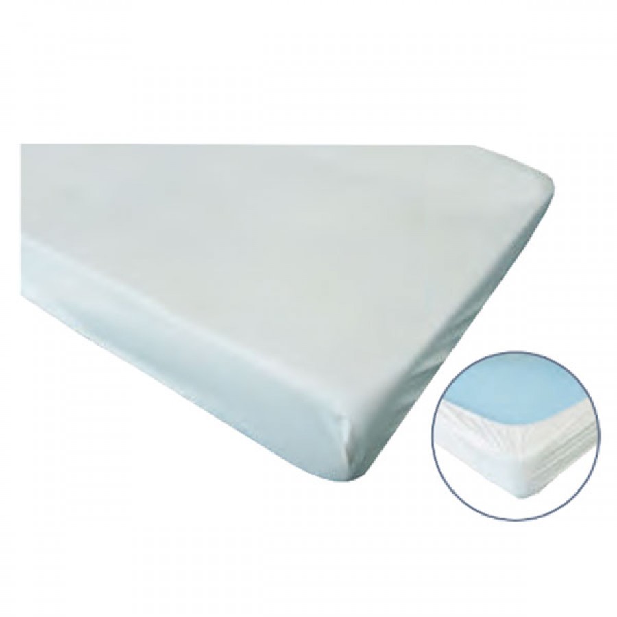 Disposable white bed sheet/cover with a blue waterproof layer, draped over a mattress corner (hospital style)
